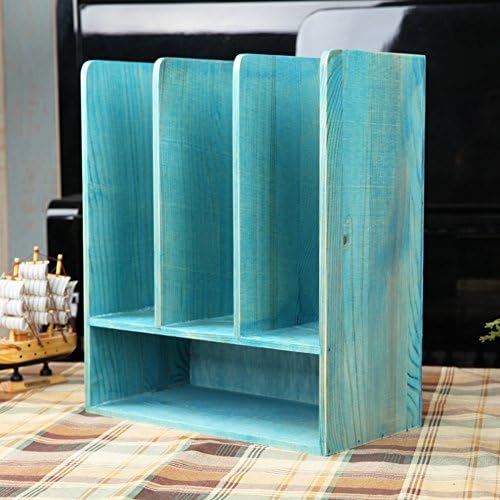Wood desktop storage, Desk storage rack Solid wood magazine rack Storage document organizer Simple Living room For home and office-Blue 30x14.5x34cm(12x6x13inch)