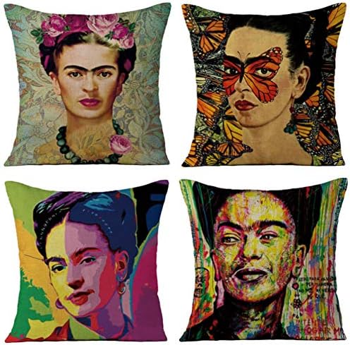 Joyi 4 Pack Frida Kahlo Self-Portrait Cotton Linen Throw Pillow Case Car Cushion Cover 18"x18",Pattern 26