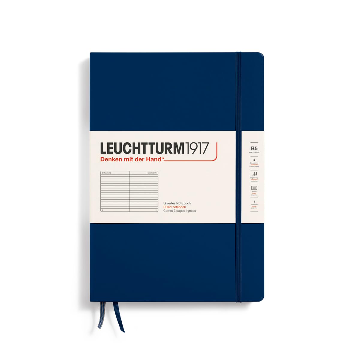 LEUCHTTURM1917 366179 Notebook Composition (B5), Hardcover, 219 Numbered Pages, Navy, Ruled