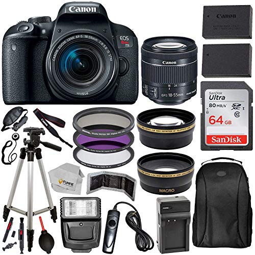 Canon EOS Rebel T7i with 18-55mm is STM Lens & Professional Accessory Bundle - Includes: SanDisk Ultra 64GB SDXC Memory Card, Extended Life Spare Battery, Digital Slave Flash, 50'' Tripod & More