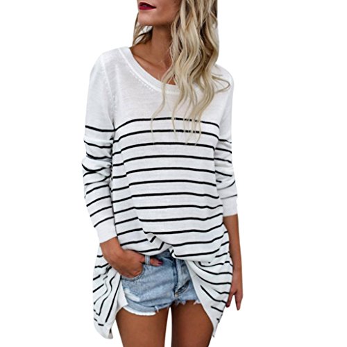 BSGSH Women's Blouses Round Neck Striped Long Sleeve T Shirt Casual Loose Tunic Tops (S, White)