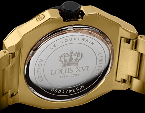 LOUIS-XVI-Herren-Armbanduhr-Le-Souverain-Stahlband-Gold-Schwarz-Mondphase-Analog-Quarz-Edelstahl-626