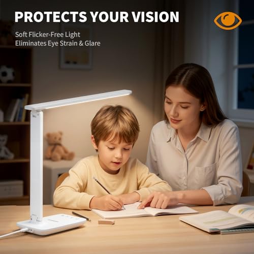 YAMYONE LED Desk Lamp with USB Port, Touch Control, Eye-Protection Light, 5 Color Modes and 5 Brightness Levels, Ideal for Bedroom, Study and Nightstand (White)