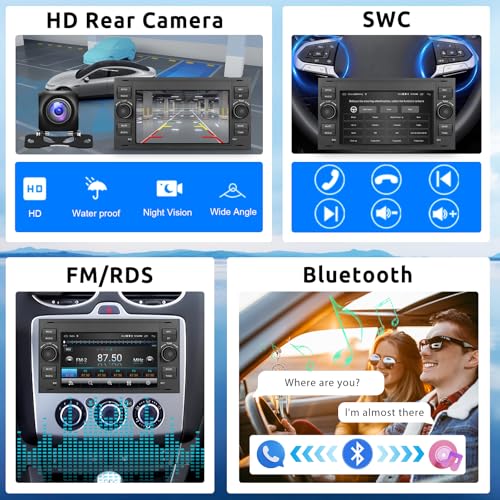 VECHTEL 2G+64G Car Radio for Ford Focus Fiesta C/S-Max Transit Galaxy Mondeo Connect with CarPlay Android Auto Wireless, 7 Inch Touch Screen Car Radio Android 13, GPS WiFi Bluetooth