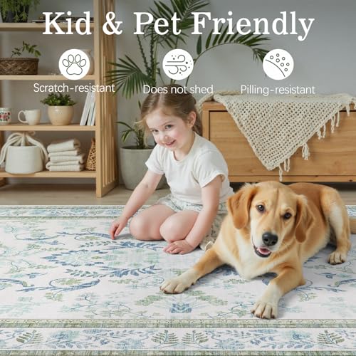 DCX Green 8x10 Rug, Kid & Pet Friendly with Rubber Back Non Slip, Machine Washable Stain Resistant Botanical Floral Rug for Living Room, Bedroom, Soft Low Pile Large Nursery Carpet