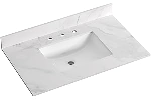 LOCALAND 36" x 22" Bathroom Vanity Top,Sintered Stone Vanity Sink Top with Ceramic Undermount Sink & Backsplash,36 inch Vanity Countertop with 8 Inch Faucet Hole,Calaeatta White