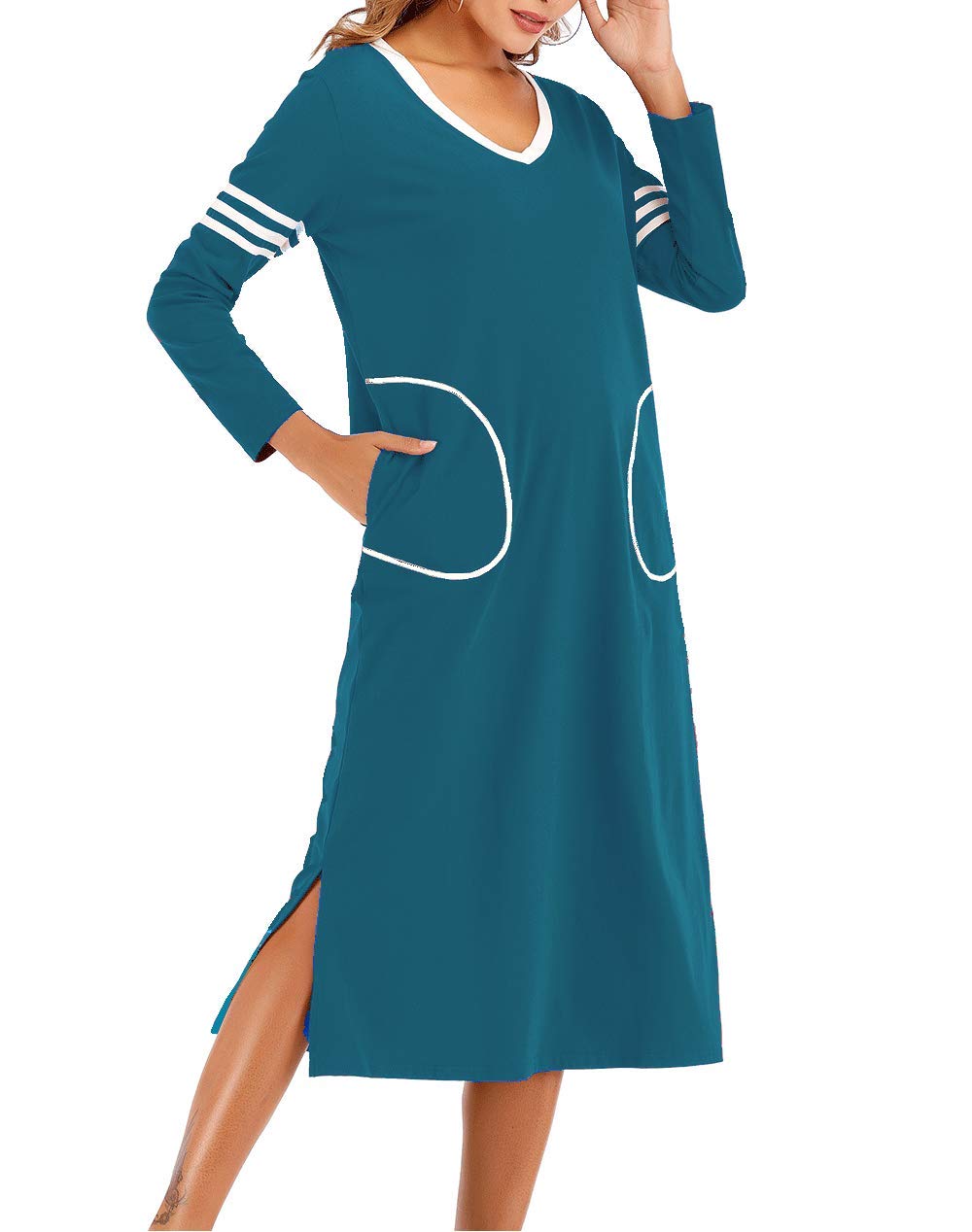 AOVXO Long Nightgown Womens V Neck Long Sleeve Nightshirt Ultra-Soft Cotton Fabric Split Hem Design with 2 Side Deep Pockets (Blue, 2XL)