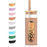 Tronco 20oz Glass Tumbler with Bamboo Lid and Straw, Reusable Iced Coffee Cup for Boba Tea, Smoothies & Cold Drinks, Spill-Proof Glass Cup with Silicone Sleeve, Dishwasher Safe, BPA-Free