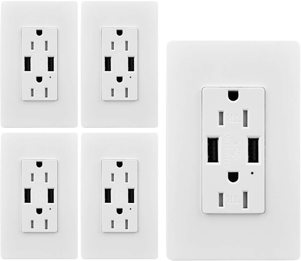 USB Outlet, 5 Pack 15 Amp Tamper Resistant Wall Outlet with Dual 4.2A High-Speed Charging USB Port, Double Wall Panel Included, UL Listed, White: Home Improvement