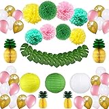 Tropical Hawaiian Party Decorations,57 pcs Party Supplies,Tropical Leaves,Pineapple,Paper Lantern,Balloons and Paper Pom Poms for Birthday,Jungle Beach Pool Theme,Baby & Bridal Shower Decorations