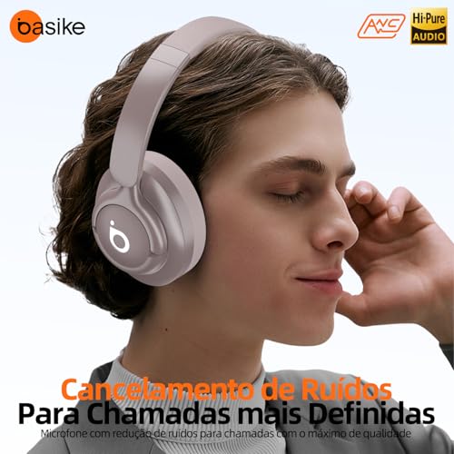 Basike Fone de Ouvido Bluetooth, ANC Cancelamento de Ruído Ativo Headphone Bluetooth 5.4 Headset com Microfone, Certificação Hi-Res Audio, 30 horas reprodução, LE29 (Rosa)