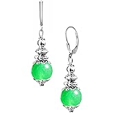 HQFJW Natural Round Stone Bead Drop Earrings,Silver Dainty Genuine Real Gemstone Quartz Crystal Boho Bohemian Dangle Earrings Jewelry for Women