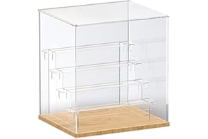 Choowin 5-Tier Clear Acrylic Display Case Display Box Display Stand with Door,Countertop Display Case for Collectible Mini Action Figure,Dustproof Storage Organizer(Oak Base,Clear Step)