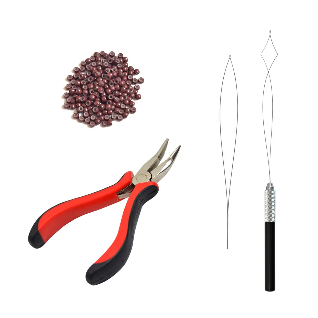 Hair Extensions Pliers Kit with I-tip Hair Pliers Pulling Needle Loop Threader and 200 Pcs 3.0mm Silicone Lined Nano Rings Micro Links Beads (Brown)