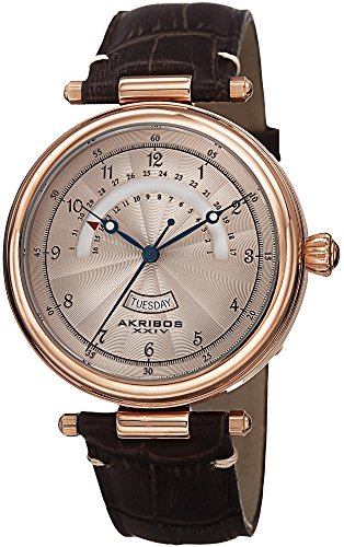 Akribos XXIV Men's AK795 Quartz Movement Watch Engraved Sunburst Guilloche Dial Leather Strap (Rose Gold & Brown)