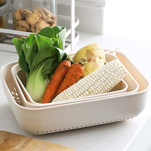 Colander-3 Set Strainers and Colanders for Kitchen Small Plastic Pasta Strainer Fruits Vegetable Noodle Pasta Food Drain Basket Space Saver Portable Drainer, Beige