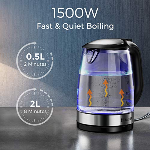 Habor Electric Kettle(BPA Free), 2L Glass Electric Tea Kettle, Cordless with LED Indicator, Water Boiler with Boil-Dry Protection, Stainless Steel Inner Lid & Bottom - Thumbnail 2