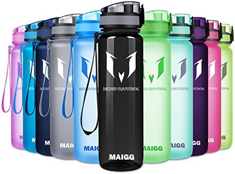 MAIGG Best Sports Water Bottle - 17oz & 32oz - Eco Friendly & BPA-Free Plastic - Fast Water Flow, Flip Top, Opens with 1-Click - Reusable with Leak-Proof Lid (Smooth Black, 1000ml-32oz)