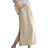 IDEALSANXUN Linen Skirts for Women Spring Summer Casual Lightweight Elastic High Waisted Cotton Midi Skirt with Slit