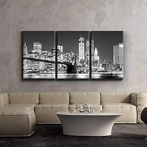 3 Piece Canvas Print - Contemporary Art, Modern Wall Art - Black and White Manhattan Skyline and Brooklyn Bridge - Giclee Artwork - Gallery Wrapped Wood Stretcher Bars 16"x24"x3 Panels