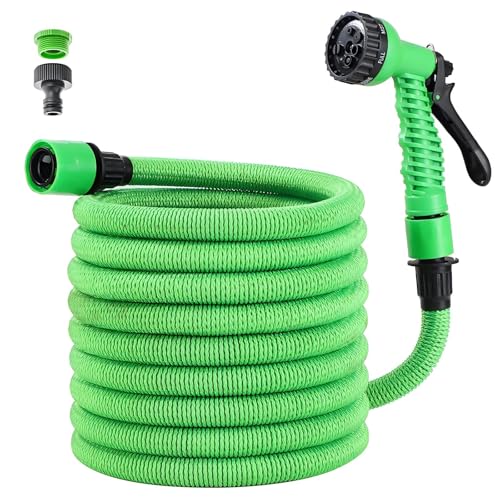 XIBALOM Thickened Extendable Garden Hose 15m 50FT Water Hose with 7 Functions with Garden Water Gun & Universal Adapter 1/2" and 3/4 for Lawn, Garden