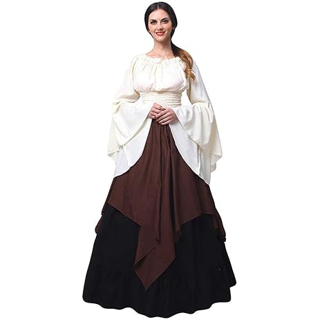 Setsail Mittelalterliches Kostüm Damen Lange Ärmel Renaissance-Kleid mit Trompetenärmel Mittelalter Party Kostüm Maxikleid Ka