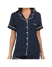BYRUZE Pajamas Set para Mujer Manga Corta Sleepwear Modal Botón Algodón Delantero Loungewear Pj Pant Set