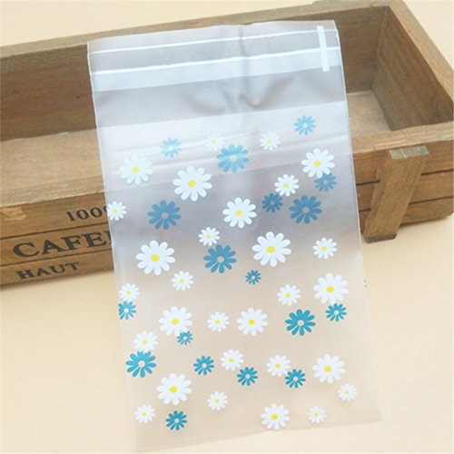 Hustar 200 Pcs Daisy Flower Self Sealing Cello Cellophane Bags Bakery Candle Soap Cookies Poly Bags Blue