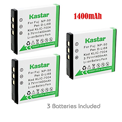 Kastar Battery (3-Pack) for Fujifilm NP-50, Kodak KLIC-7004, Pentax D-Li68 work with Fujifilm FinePix F50FD,F60FD,F70EXR,F75EXR,F80EXR,F85EXR,F100FD,F200EXR,F300EXR,F305EXR,F500EXR,F505EXR,F550EXR,F600EXR,F605EXR,F660EXR,F665EXR,F750EXR,F770EXR,F775EXR,F800EXR,F850EXR,F900EXR,REAL 3D W3,X10,X20,XF1,XP100,XP110,XP150,XP160,XP170,XP200,BC-50,BC-45W and Kodak EasyShare M1033,M1093,M2008,PlayFull Dual
