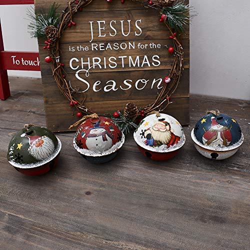 E-view Christmas Tree Ornament Metal Rustic Jingle Bell Hanging Ornaments with Snowman Santa, Decorative Sleigh Bells Winter Decor Xmas Party Supplies Holiday Decoration for Home (Set of 4)