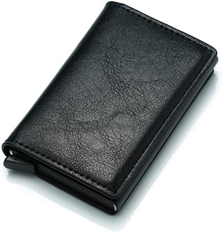 Credit Card Holder RFID Blocking Wallet Slim Wallet PU Leather Vintage Aluminum Business Card Holder Automatic Pop-up Men and Women Card Case Wallet EDC (Black)