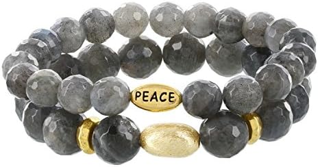 GemmaG Ladies Double Faceted Labrodite Oval Love Charm Beaded Stretch Bracelet