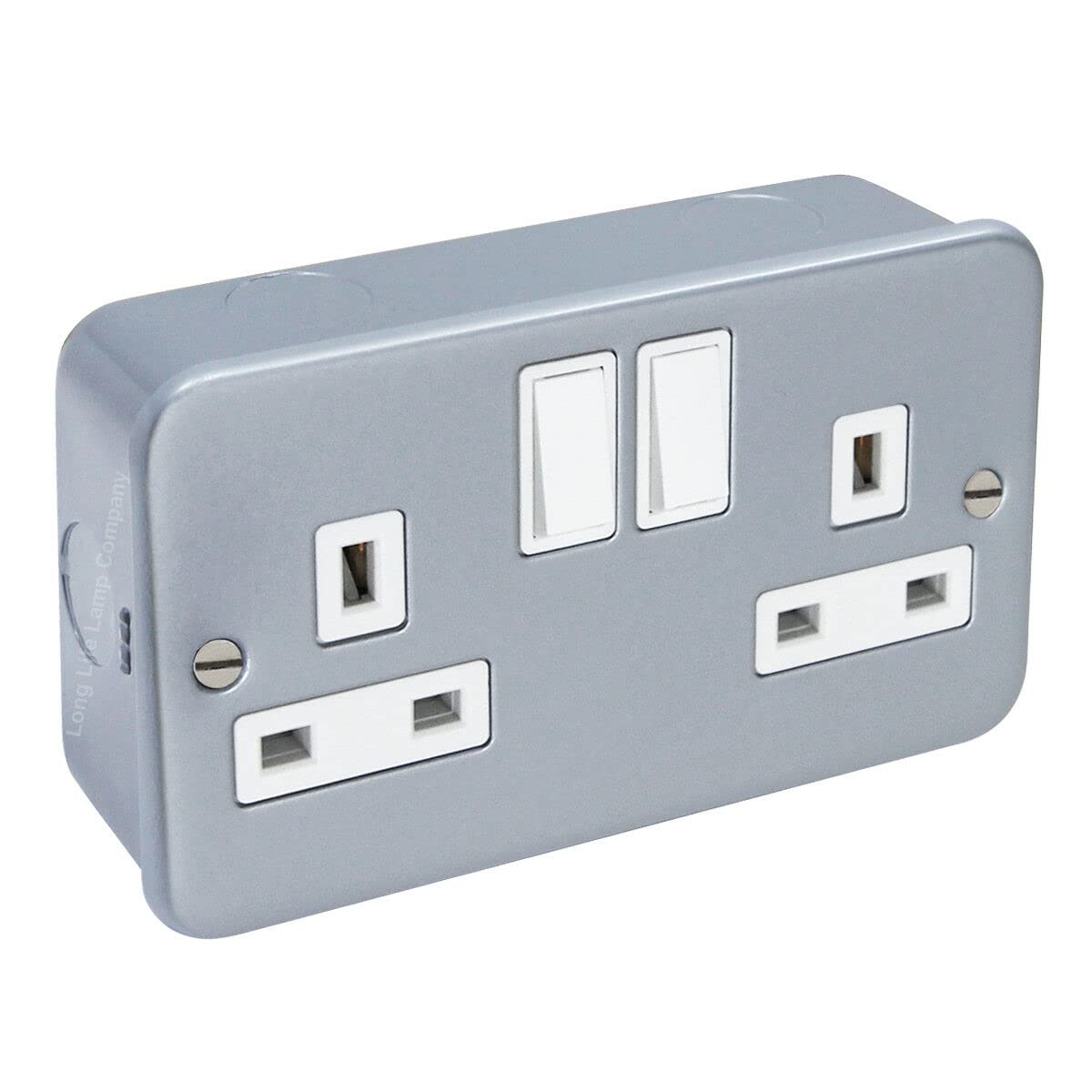 Metal Clad INDUSTRIAL SOCKET 13 Amp Double 3 Pin UK Wall Plug Switched Socket - Grey