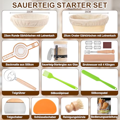 HELISAN 21-Piece Sourdough Starter Set with 2 Proofing Baskets (23 cm Round & 25 cm Ovals), 900 ml Glass Jar for Sourdough Fermentation, Complete Bread Baking Accessories for Beginners and Experienced Bakers