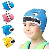 Swim Cap Kids-2 Pack Silicone Fun Swim Caps for Girls and Boys, Kids Swimming Hats with Cartoon Sharks & Minnows Design