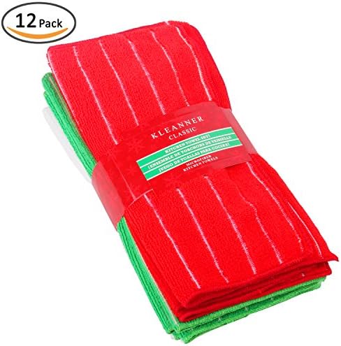 Kleanner Microfiber Stripe Christmas Dish Towel, Absorbent, Fast Dry, Decorative Winter Holiday Dish Cleaning Cloth, X- Max Color Stripe Green Red White,12"x 12",Set Of 12