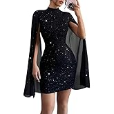IQLWI Women's Sexy Glitter Mini Dress Mock Neck Cloak Sleeve Cocktail Shimmering Elegant Dresses Wedding Guest Party Evening