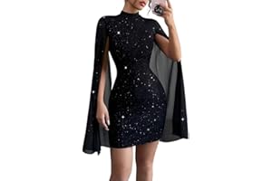 IQLWI Women's Sexy Glitter Mini Dress Mock Neck Cloak Sleeve Cocktail Shimmering Elegant Dresses Wedding Guest Party Evening