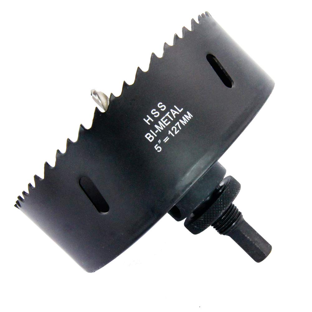 5inch Hole Saw LAIWEI Bi-Metal Hole Saw 127mm with Heavy Duty Mandrel, HSS Hole Cutter for Metal Pipe, Wood, Sheet Metal, etc. 2 locking pins make the tool stronger and drilling easier