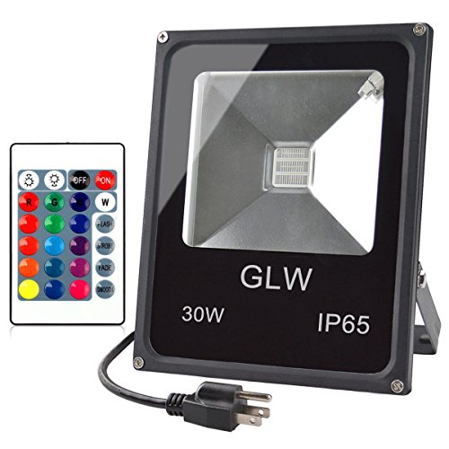GLW LED RGB Flood Light Stage Lighting, 30W Outdoor Color Changing Lights With Remote Control, IP65 Waterproof Dimmable Wall Washer Light, Flood Lamp 16 Colors 4 Modes with US 3-Plug