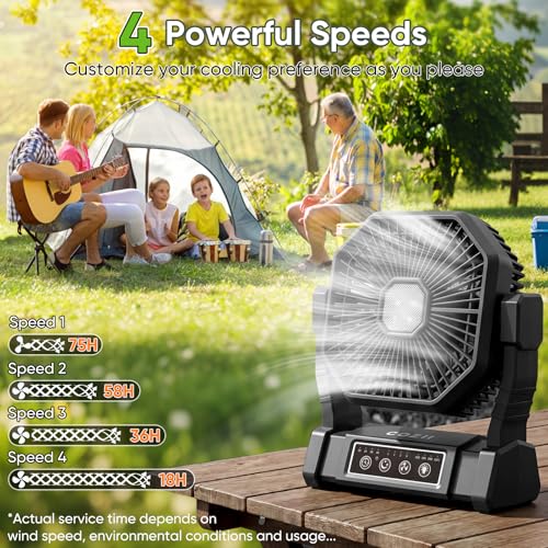 COZII 20000mAh Desk Fan Camping Fan, Portable Fan Rechargeable 4 Speeds with LED Light, Hanging Hook, Remote Control and Timer, Outdoor Battery Powered Fan for Camping Travel Office