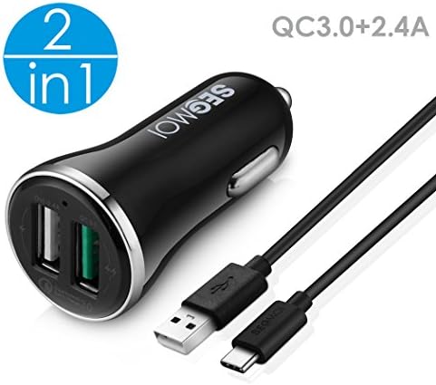 2in1 SEGMOI Dual USB Quick Charge 3.0(QC3.0) Car Charger + 3Ft/1M USB Type C Charging &amp; Data Sync Cable For Galaxy S8, S8+,Nintendo Switch, Sony XZ, LG V20 G5 G6, HTC 10, Xiaomi 5 OnePlus (Black)