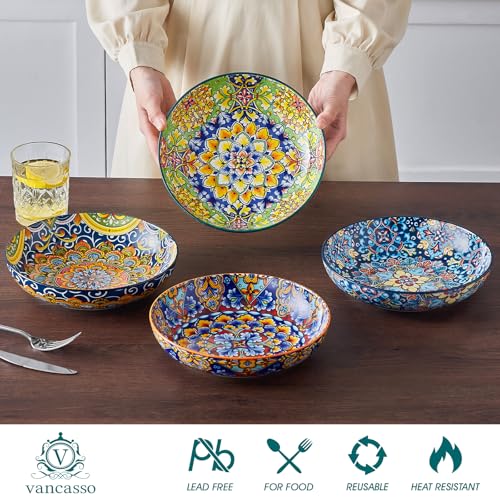 vancasso SIMI Pasta Bowls Set of 4, Porcelain Salad Bowls, 42 oz/1260 ml Large Corlorful Serving Bowls for Kitchen, Dishwasher & Microwave Safe Soup Bowls, Pasta Plates