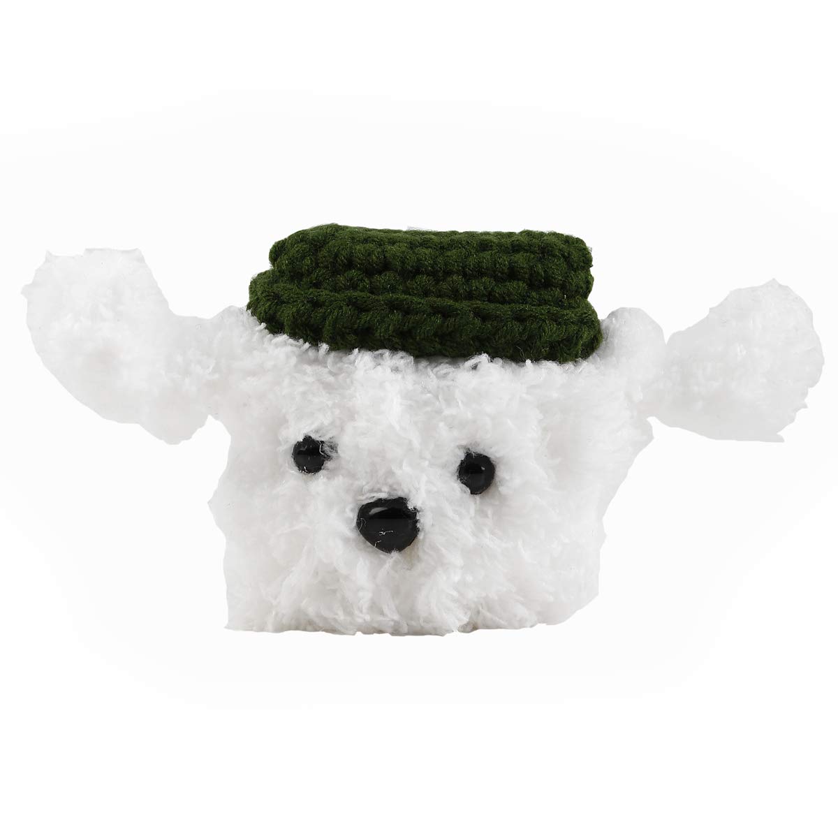Wondee Global Services Case for Airpods 1 and 2 with Silicone Inside and Crochet Outside in the Shape of a Dog with a Hat, black and white.