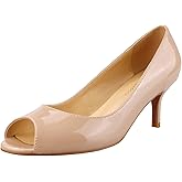 Lutalica W Women's Classic Patent Leather Open Toe Low Kitten Heel Sandals Slip On Medium Heel Peep Toe Dress Pumps Nude Size 8.5
