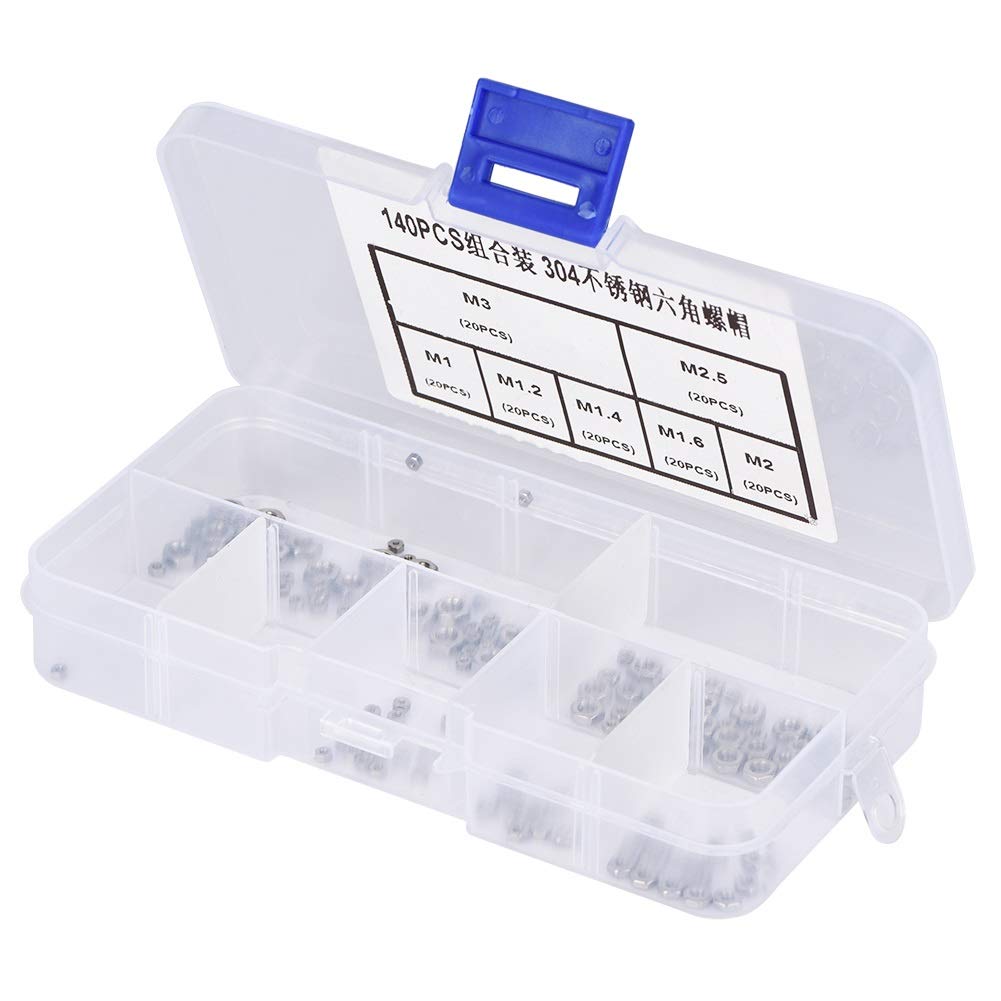 Hex Nuts, 140pcs Hex Nuts M1/M1.2/M1.4/M1.6/M2/M2.5/M3 Stainless Steel Nut Small Hexagonal Nuts Thread Fastener with Storage Box, for Home and Office Appliance, Communication Equipment