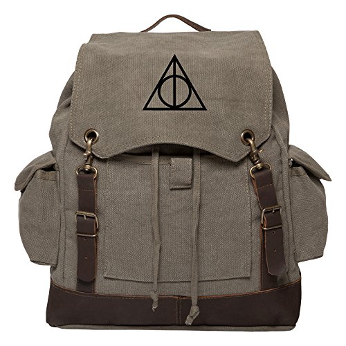 Deathly Hallows Harry Potter Rucksack Backpack with Leather Straps, Olive & Bk