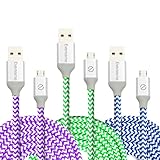 Eversame Bundle of 3 6Ft 1.8M Premium Nylon Braided High Speed USB 2.0 A Male to Micro B Sync Charger Cable Cord with Aluminum Shell For Samsung Galaxy S7 Edge, HTC One X/M9, LG G4(Blue Purple Green)