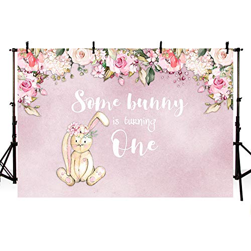 MEHOFOTO 7x5ft Cute Easter Bunny 1st Birthday Party Backdrop Pink Flowers Rabbit Some Bunny One Photography Background Photo Banner Poster