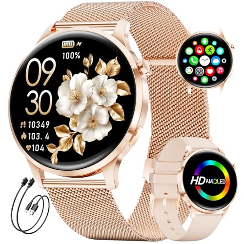 Women's Smart Watch, 1.32 Inch AMOLED Smart Watch with Bluetooth Calls, 120+ Sports Smartwatch Women with 2 Straps, IP68 Waterproof, Sleep, Activity Calorie Pedometer Android iOS (Gold)